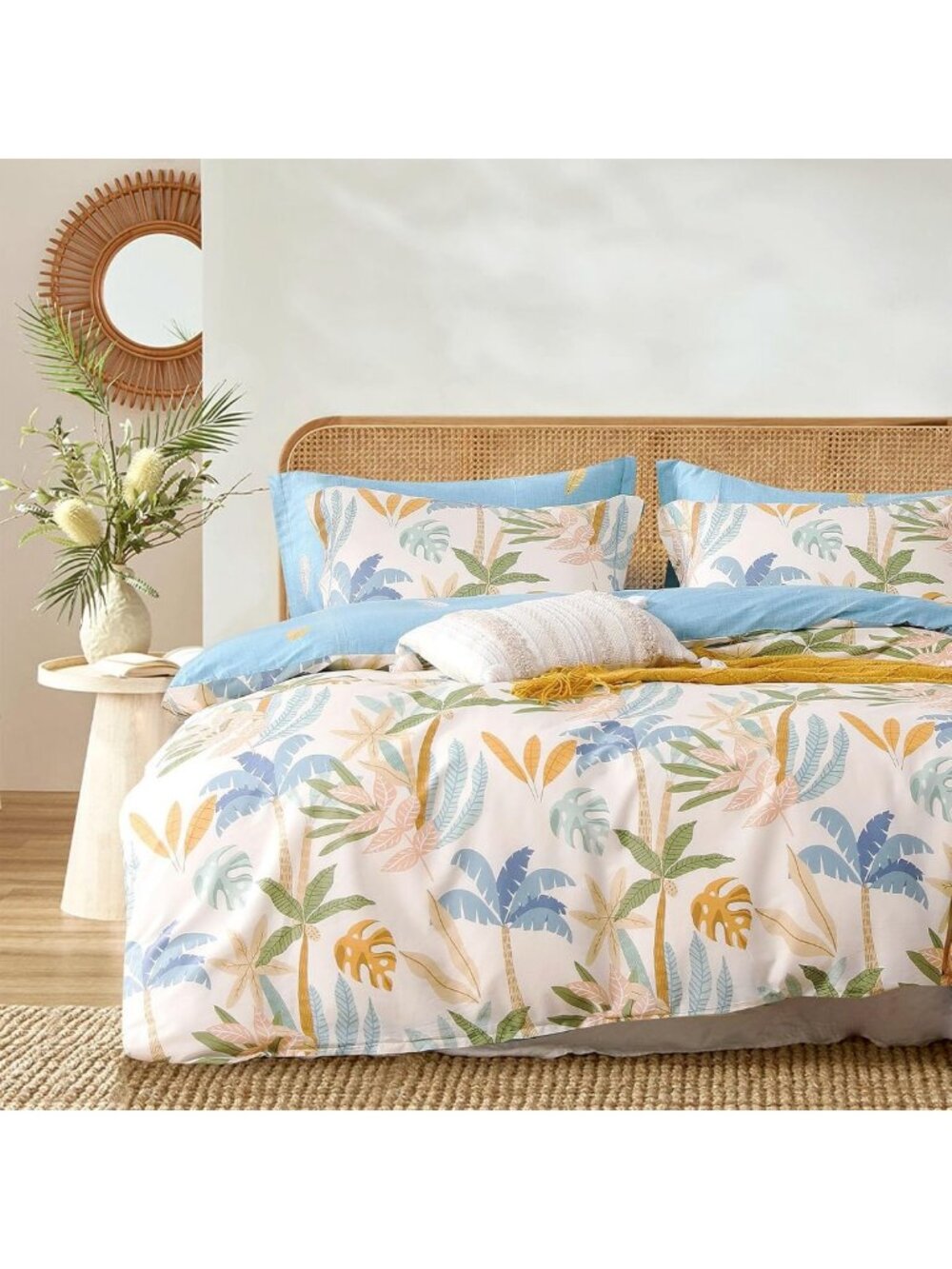 Coastal Blue & Beige Tropical Botanical King Comforter Set - 3PC Cotton Bedding